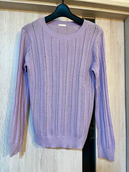 GU 薄手 春ニット 薄紫.*綿 Lサイズ カットソー 透かし編み 長袖 UNIQLO クルーネック