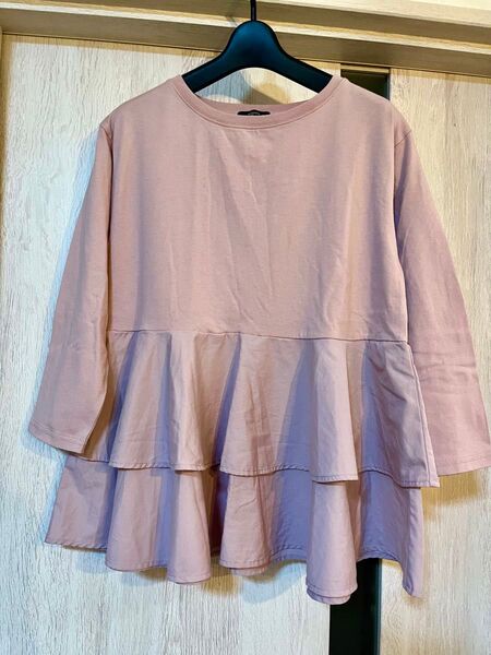 produced by Miyoフリルデザインカットソー Tシャツ くすみピンク 7分袖 7分丈