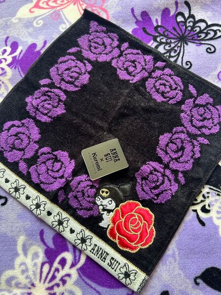 レア★アナスイ クロミ コラボ タオルハンカチ ANNA SUI 薔薇 ローズ 黒紫 ハンカチ ハンドタオル