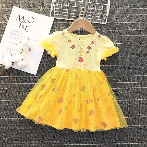 プリンセスドレス チュール 半袖ワンピース お姫様p35イエロー 黄色 90 100 110 120 プレゼント 子供服 結婚式