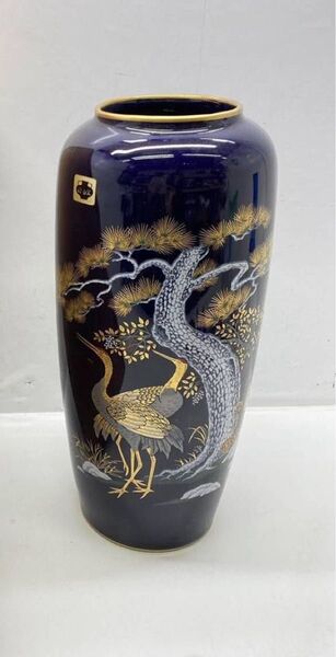有田焼 峰山窯 花瓶 花器 壺 アンティーク夫婦鶴絵花瓶 深ネイビー 花瓶 金色の鶴と松 高級感