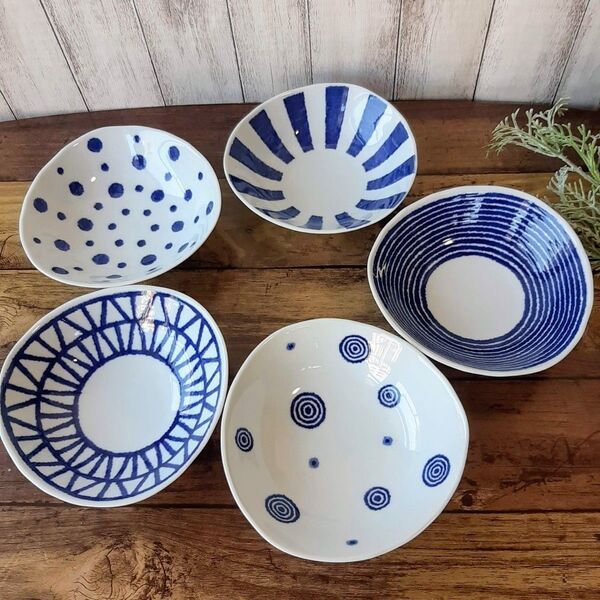 【5個】新品 日本製 波佐見焼 藍玉 小鉢 揃 セット ホワイト ネイビー 和モダン