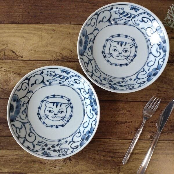 【2枚】新品 日本製 美濃焼 ねこまるけ 猫 ねこ柄 深皿 カレー皿 パスタ皿
