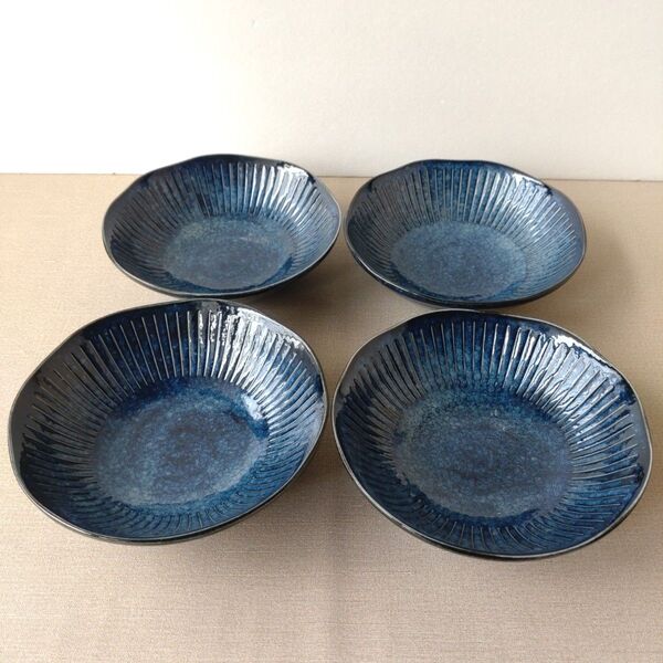 【4枚】新品 日本製 美濃焼 撥水十草 浅鉢 16cm 小鉢 窯変ネイビー