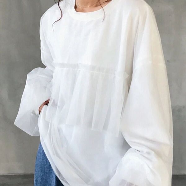 新品 未使用品 レディース無地ラウンドネック 長袖カジュアルコントラスト メッシュルーズ Tシャツ