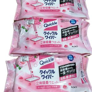 クイックルワイパー 立体吸着ウエットシート エッセンシャルローズの香り 16枚 × 3個