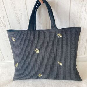レッスンバッグ トートバッグ サブバッグ 黒 刺繍 ミモザ ヌビ