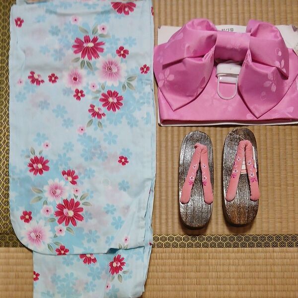 子供浴衣 結び帯 下駄 3点セット ピンク 水色 花柄