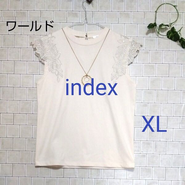 良品【index】刺繍のお花柄モチーフ フレンチスリーブ風 半袖プルオーバー ストレッチ素材 XL ベージュ