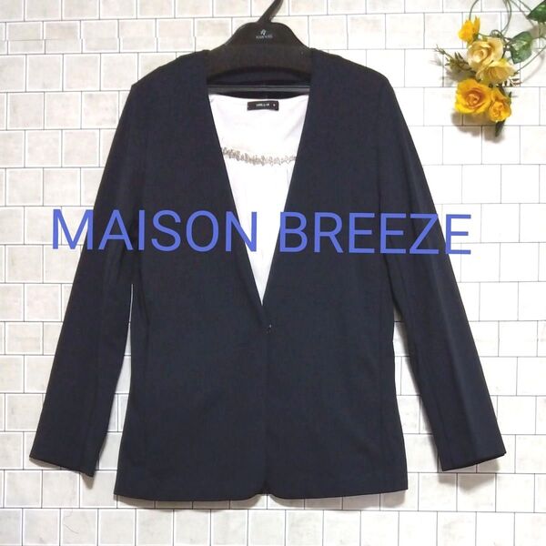 【MAISON BREEZE☆メゾンブリーズ】洗えるストレッチ素材 ノーカラージャケット 濃紺 M パジャマ ジャケット