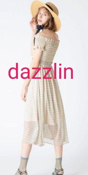 美品【dazzlin☆ダズリン】フラワープリントシャーリング ロングワンピース F ベージュ&ブルー系 花柄