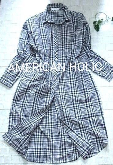 ●最終価格●【AMERICAN HOLIC】ギンガムチェック シャツワンピース ロング 黒 長袖 L コットン100% 羽織