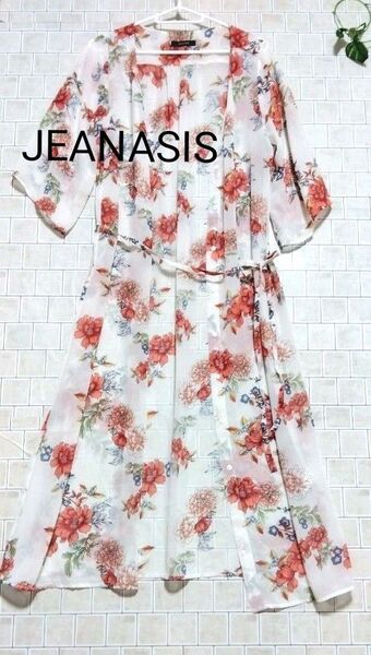 美品【JEANASIS☆ジーナシス】フラワープリント柄 ガウンワンピース 春夏用 薄地 5分袖 F 羽織
