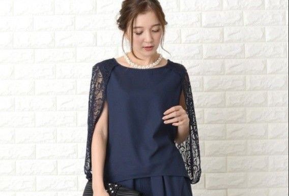 良品【Lace Ladies☆レースレディース】レースケープ付き パーティー用 カットソー ネイビー M フォーマル セレモニー