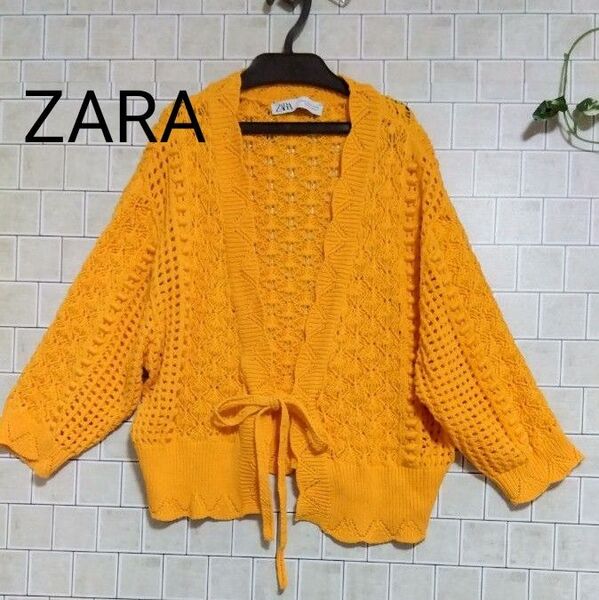 ■洗濯済み【ZARA☆ザラ】春夏用 手編み風 コットンカーディガン オレンジ M 五分袖