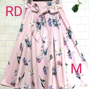 【RD ルージュ ディアマン】フラワープリント フレアスカート ピンク ウエストリボン付き M サイズ