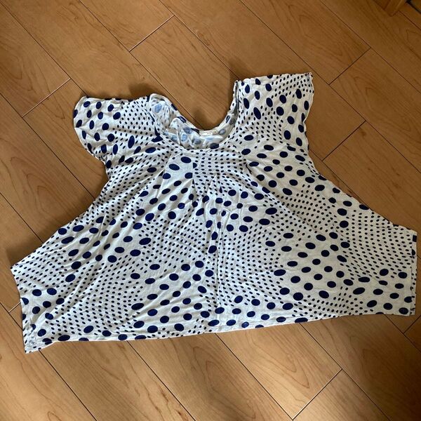 中古服 難あり 半袖 Tシャツ トップス カットソー HONEYSUCKLE ROSE M 水玉模様 綿 麻 フレンチスリーブ