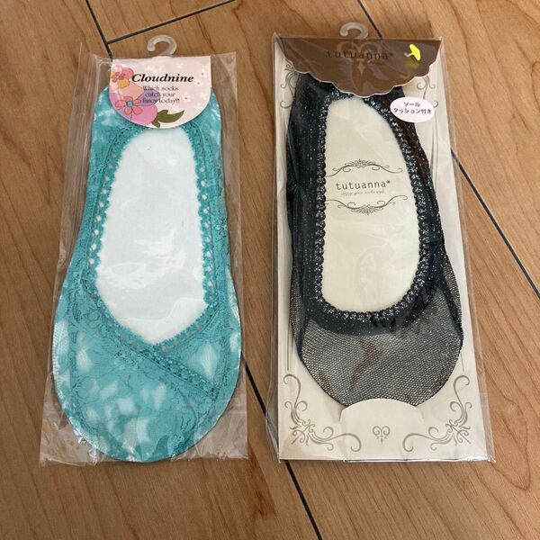 フットカバー ソックス チュチュアンナ他 靴下 浅履き 婦人 レース 黒 ラメ 水色緑 エメラルド 23-25cm 2足セット