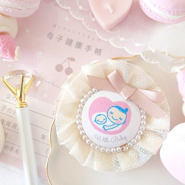 【両面仕様可 】きらきらチュールマタニティロゼット シャンパン×バニラ マタニティマーク 両面マタニティマーク