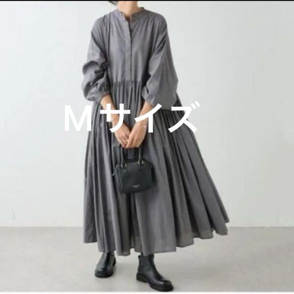 M 長袖 フレア シャツ ワンピース ロング ギャザー ハイウエスト ボリューム袖 ゆったり 大きいサイズ 春冬 切り替え