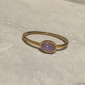 abaskdesign 天然石 リング 細め レイヤード ステンレス アメジスト 2月 誕生日石 イエローゴールド カボション