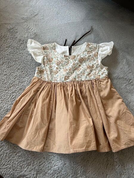 女の子 ワンピース ブラウン 小花柄 ハンドメイド 80 70 プリンセス