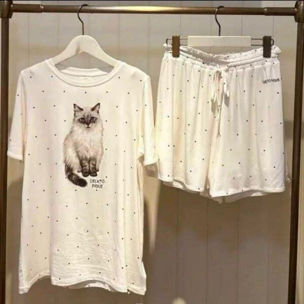 ジェラートピケ CATドット柄 パジャマ ルームウェア 上下セット 猫 ネコ ねこ