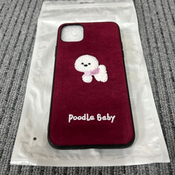 iPhone11PROMAXスマホケース プードル 刺繍 ベロア レッド 新品 未使用【横のゴム部分に擦れあり】値下げ