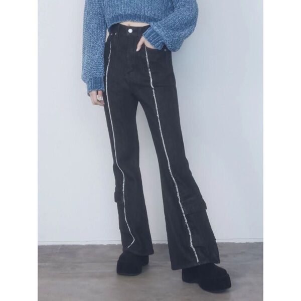 実物写真追加 Sサイズ EMODA パンツ ブラック系 アンダーポケットフレアジーンズ デニムパンツ フレアパンツ