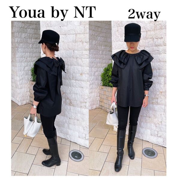 Youa by NT リボンブラウス ブラック フリル襟 2WAY 長袖
