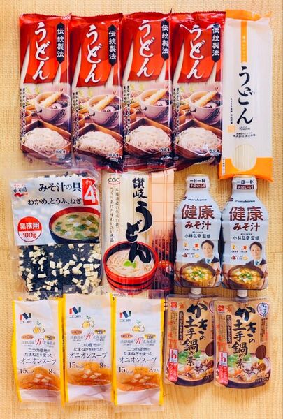 食品詰め合わせ アソート うどん 味噌汁 オニオンスープ かけの土手鍋の素 備蓄 保存食