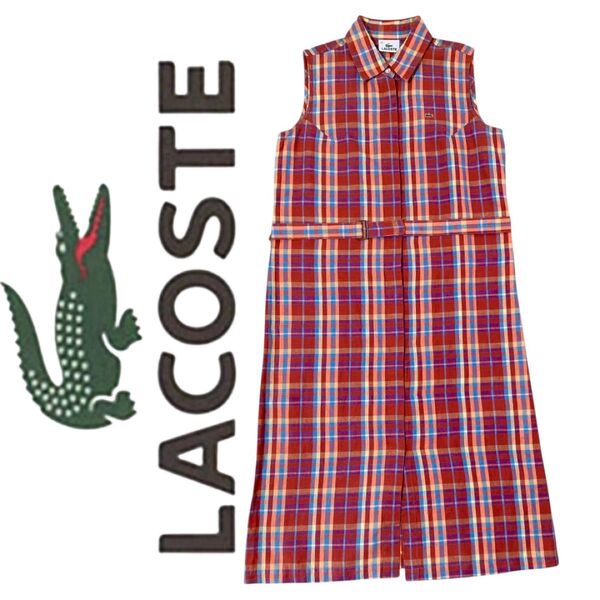 Lacoste チェック柄リネンノースリーブワンピース 40