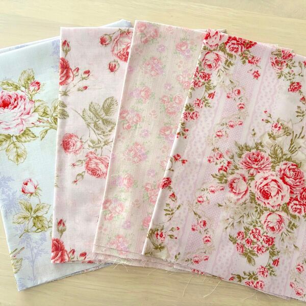 K-7 薔薇柄 カットクロス 4枚セット 花柄生地 ハンドメイド パッチワーク パステルカラー ピンク ブルー
