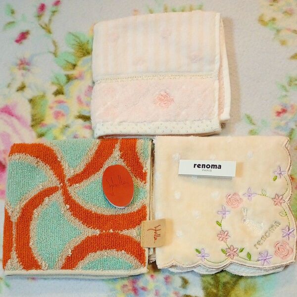 新品未使用 シビラ Sybilla、レノマ renoma、ポロ タオルハンカチ3枚セット 花柄 うさぎ