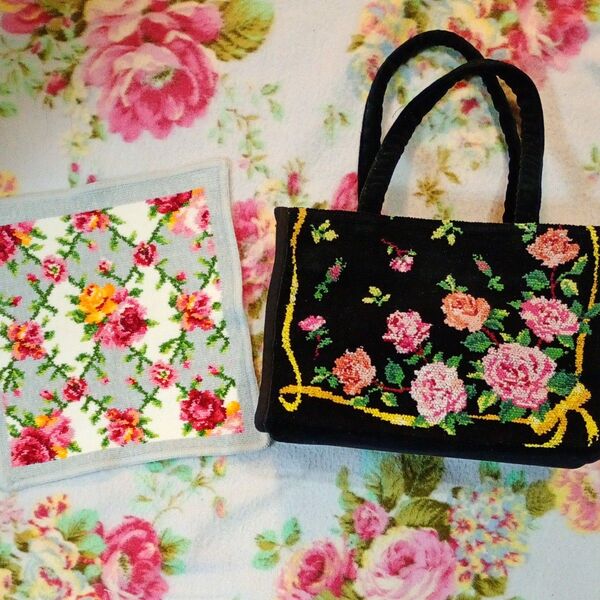 【used】 フェイラー FEILER タオルハンカチ&ノーブランド 薔薇柄 バッグセット シェニール織り 花柄