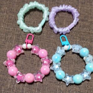 ピンク星形携帯ストラップ ふわふわ網込みヘアーゴム