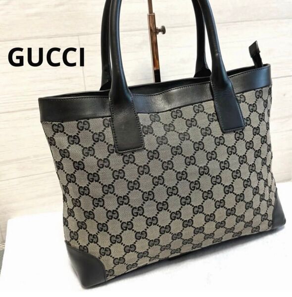 GUCCI グッチ トートバッグ GGキャンバス レザー 黒 ハンドバッグ A4収納可