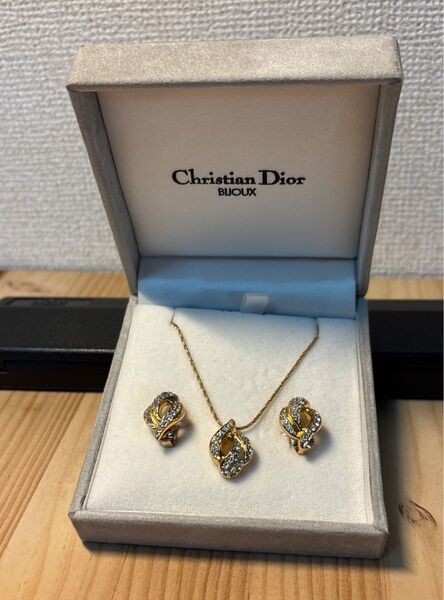 ゴールド ラインストーンChristian Dior ディオール ネックレス イヤリング セット売り 送料無料