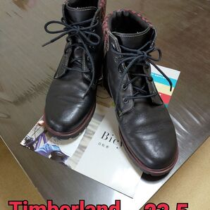 Timberland ティンバーランド 革製ブラック編み上げヒールブーツ 23.5cm 6.5インチ