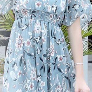 花柄ワンピース 夏ブルー半袖シフォンワンピースMサイズ