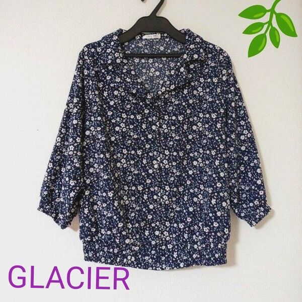 【GLACIER グラシア】小花柄ブラウス 開襟 シャツ リブ袖 ネイビー Mサイズ