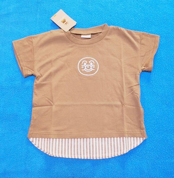 100cm 新品 アンパンマン 刺繍アンパンマン柄半袖Tシャツ ブラウン