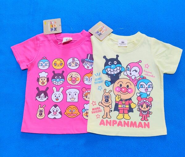 90cm 新品 アンパンマン 半袖Tシャツ2枚セット クリーム×16ピンク