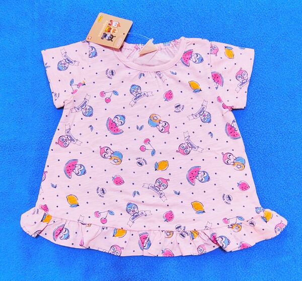 95cm 新品 アンパンマン フルーツ柄裾フリル半袖Tシャツ ピンク