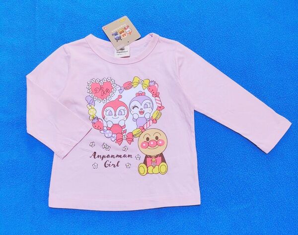 90cm 新品 アンパンマン 大きなハート柄長袖Tシャツ ピンク