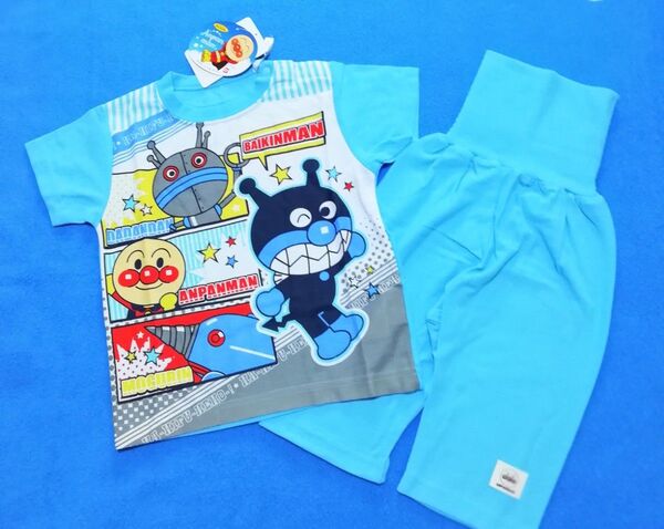 90cm 新品 アンパンマン 梨地ばいきんまん柄腹巻き付き半袖パジャマ ブルー
