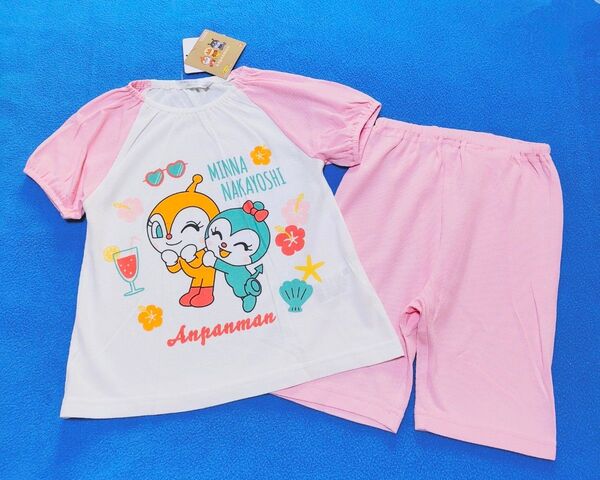 100cm 新品 アンパンマン メッシュ素材大好き柄半袖パジャマ ピンク