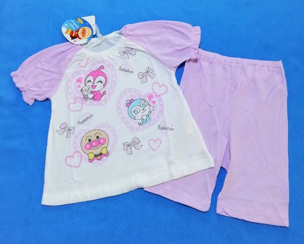 90cm 新品 アンパンマン メッシュ素材ADK柄半袖パジャマ パープル