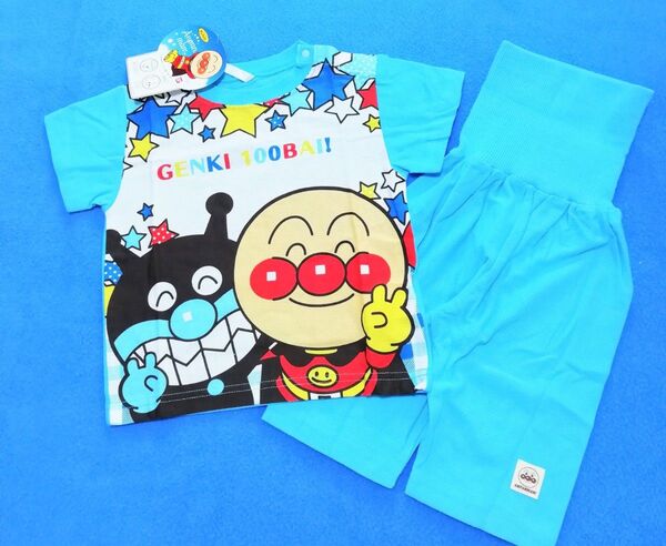 80cm 新品 アンパンマン さらさら梨地AB柄腹巻き付き半袖パジャマ ブルー
