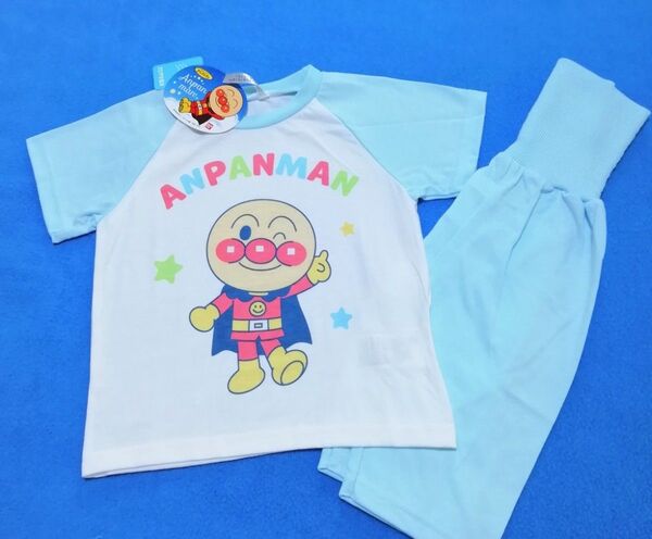 100cm 新品 アンパンマン ぼくが一番腹巻き付き半袖パジャマ ブルー